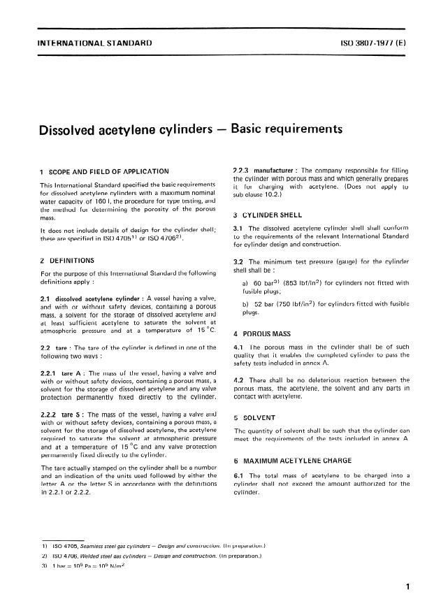 ISO 3807:1977 - Dissolved acetylene cylinders -- Basic requirements