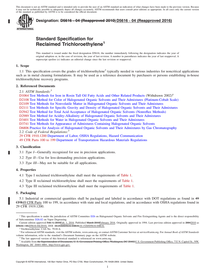 REDLINE ASTM D5616-04(2016) - Standard Specification for Reclaimed Trichloroethylene