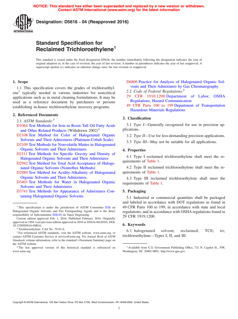 ASTM D5616-04(2016) - Standard Specification for Reclaimed Trichloroethylene