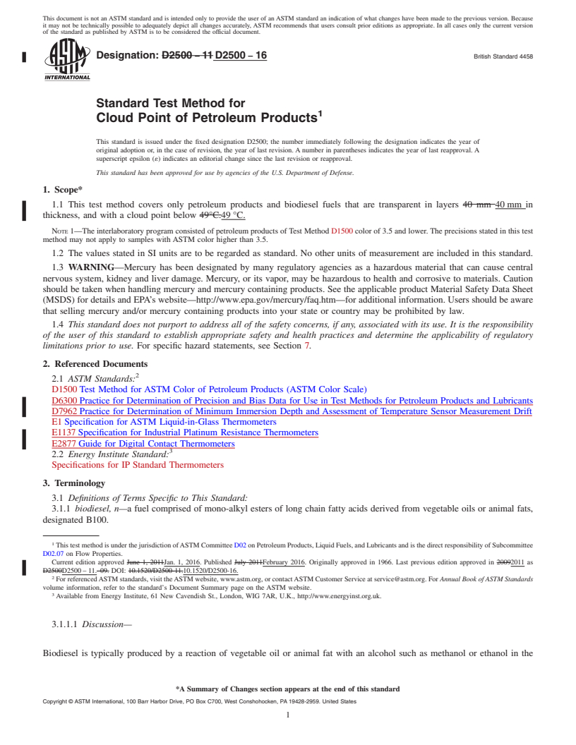REDLINE ASTM D2500-16 - Standard Test Method for Cloud Point of Petroleum Products