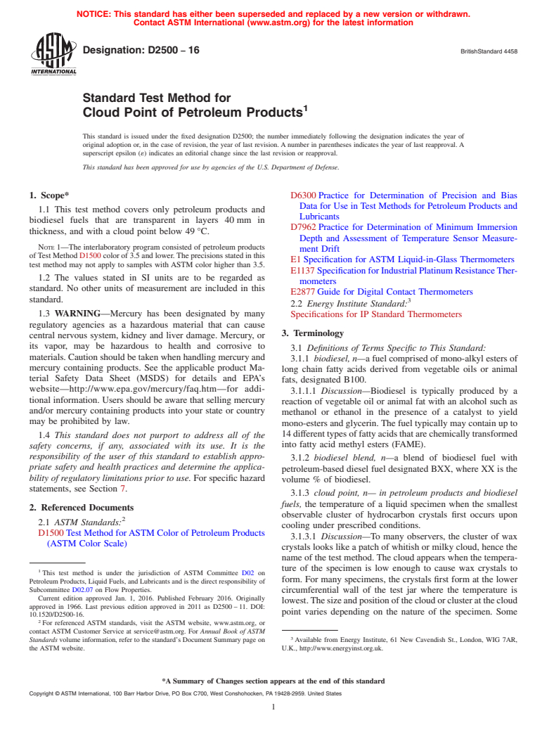 ASTM D2500-16 - Standard Test Method for Cloud Point of Petroleum Products