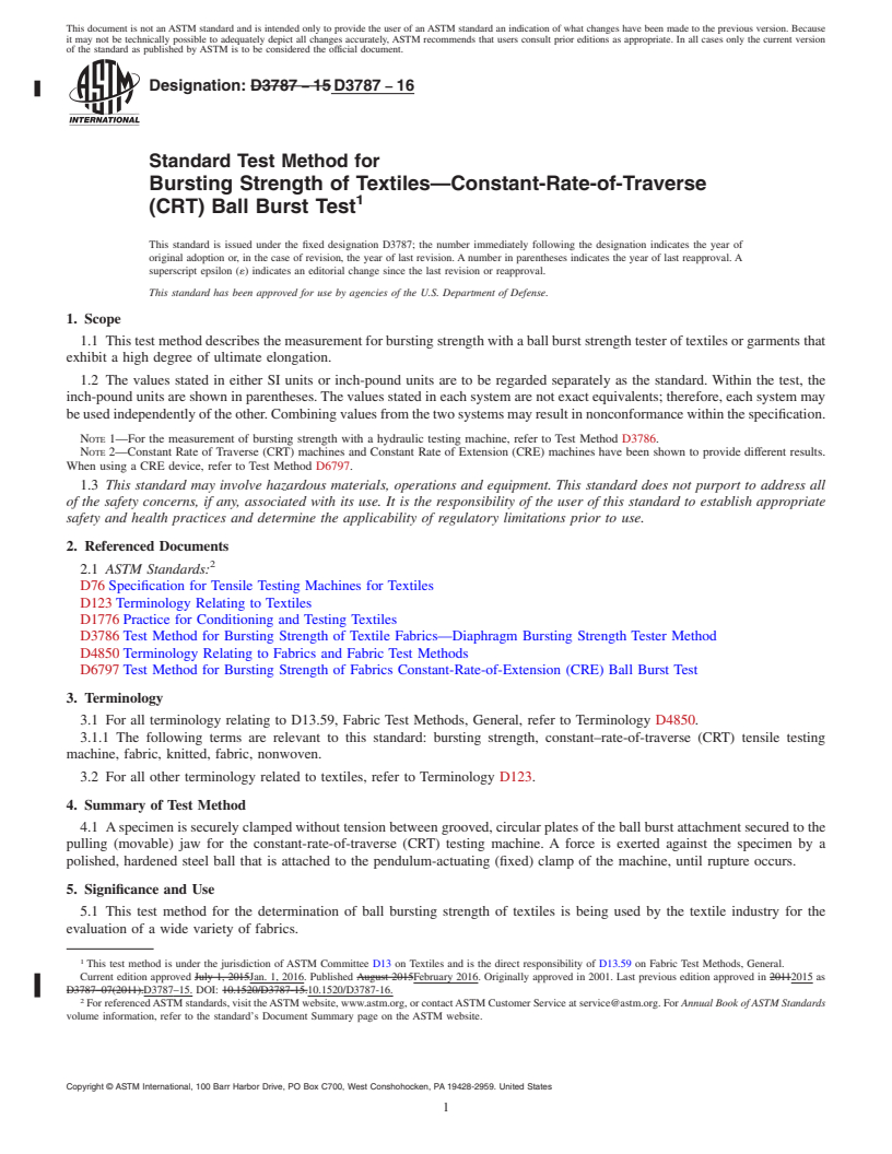 REDLINE ASTM D3787-16 - Standard Test Method for  Bursting Strength of Textiles&#x2014;Constant-Rate-of-Traverse  (CRT) Ball Burst Test