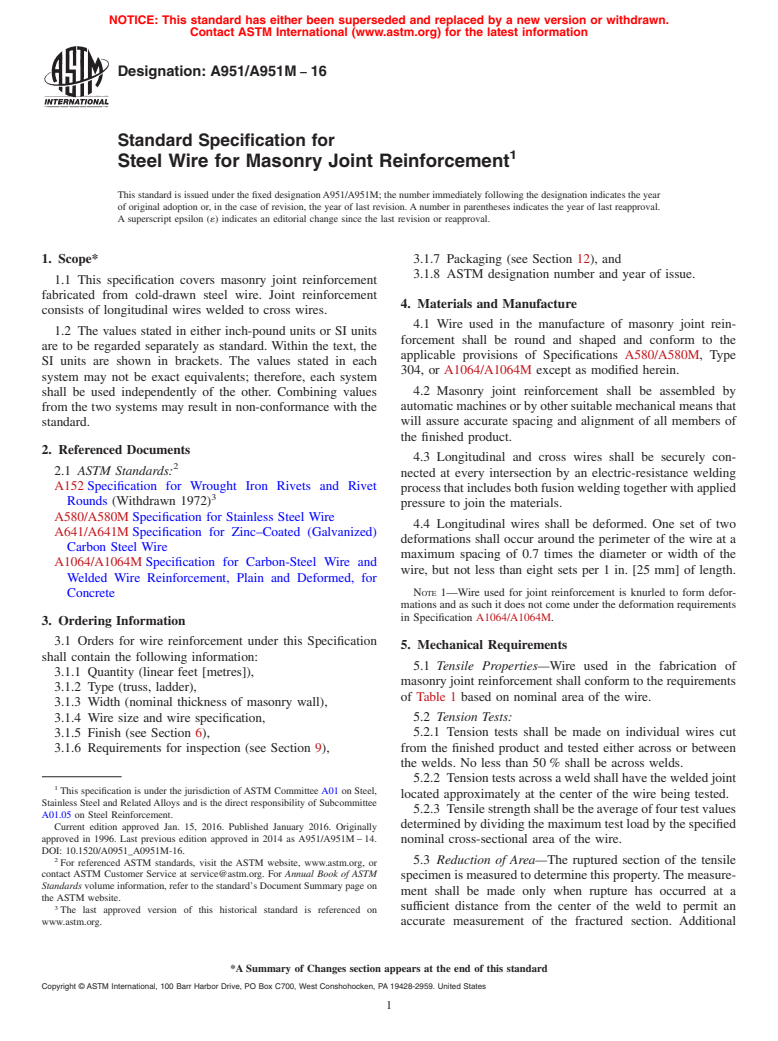 ASTM A951/A951M-16 - Standard Specification for  Steel Wire for Masonry Joint Reinforcement