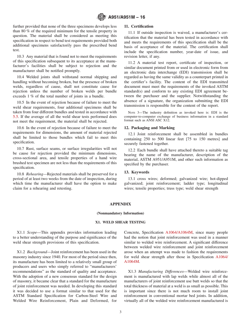 ASTM A951/A951M-16 - Standard Specification for  Steel Wire for Masonry Joint Reinforcement