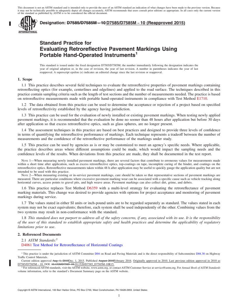 REDLINE ASTM D7585/D7585M-10(2015) - Standard Practice for  Evaluating Retroreflective Pavement Markings Using Portable   Hand-Operated Instruments