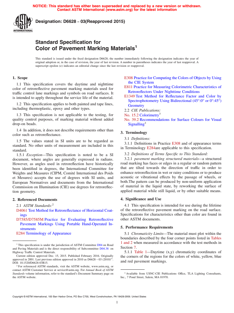 ASTM D6628-03(2015) - Standard Specification for Color of Pavement Marking Materials