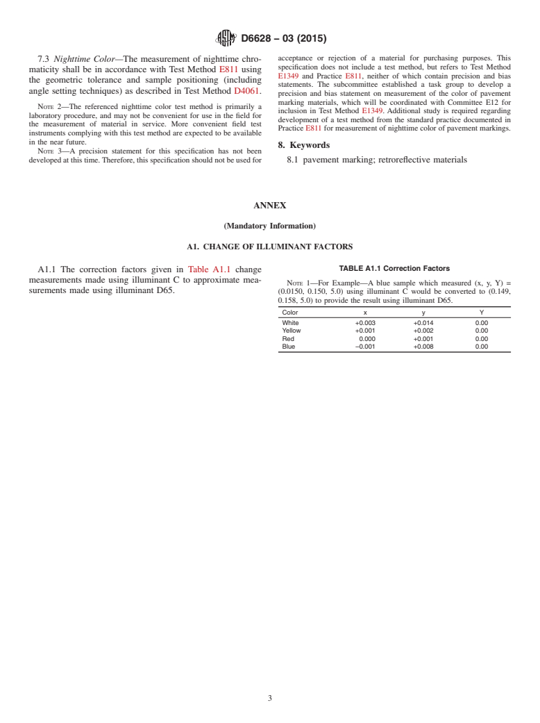 ASTM D6628-03(2015) - Standard Specification for Color of Pavement Marking Materials