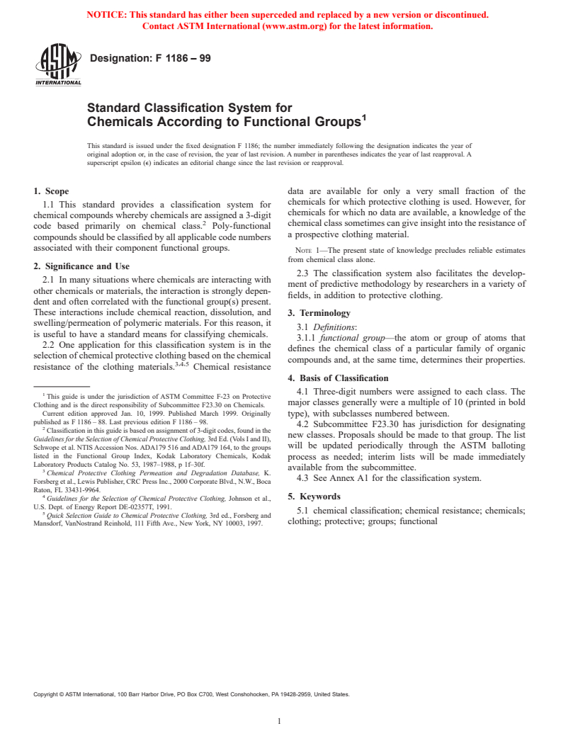 ASTM F1186-99 - Standard Classification System for Chemicals According to Functional Groups