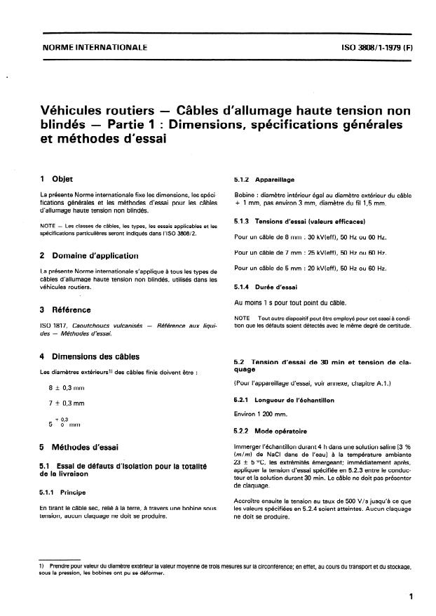 ISO 3808-1:1979 - Véhicules routiers -- Câbles d'allumage haute tension non blindés
