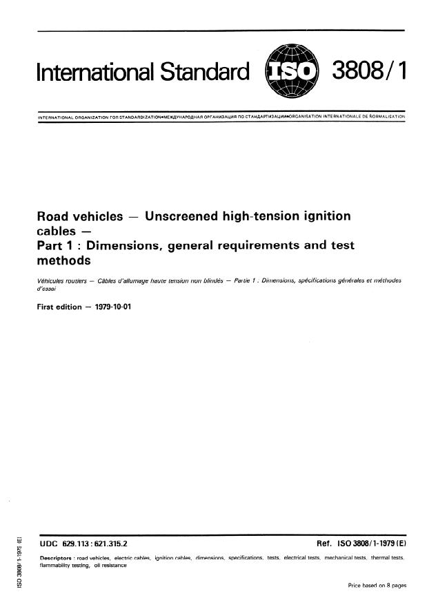 ISO 3808-1:1979 - Road vehicles -- Unscreened high-tension ignition cables