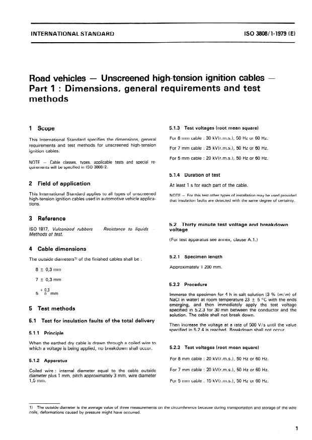 ISO 3808-1:1979 - Road vehicles -- Unscreened high-tension ignition cables
