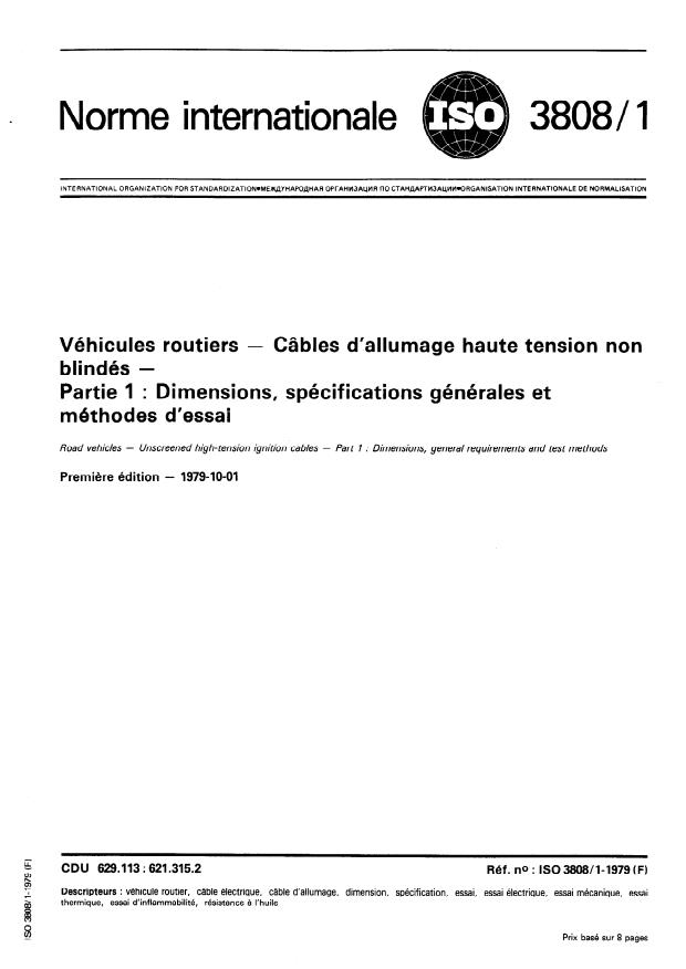 ISO 3808-1:1979 - Véhicules routiers -- Câbles d'allumage haute tension non blindés