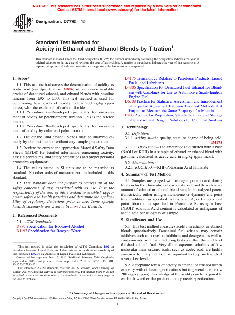 ASTM D7795-15 - Standard Test Method for Acidity in Ethanol and Ethanol Blends by Titration