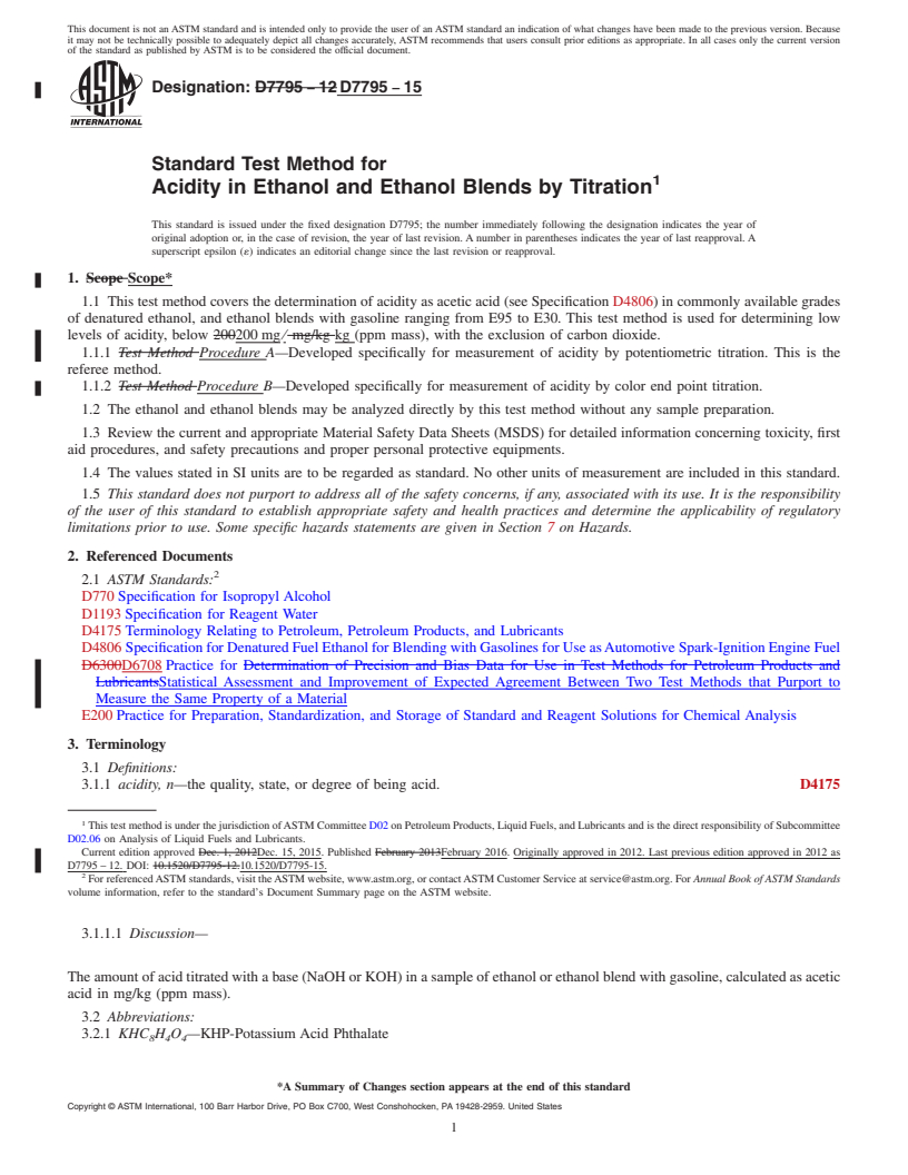 REDLINE ASTM D7795-15 - Standard Test Method for Acidity in Ethanol and Ethanol Blends by Titration