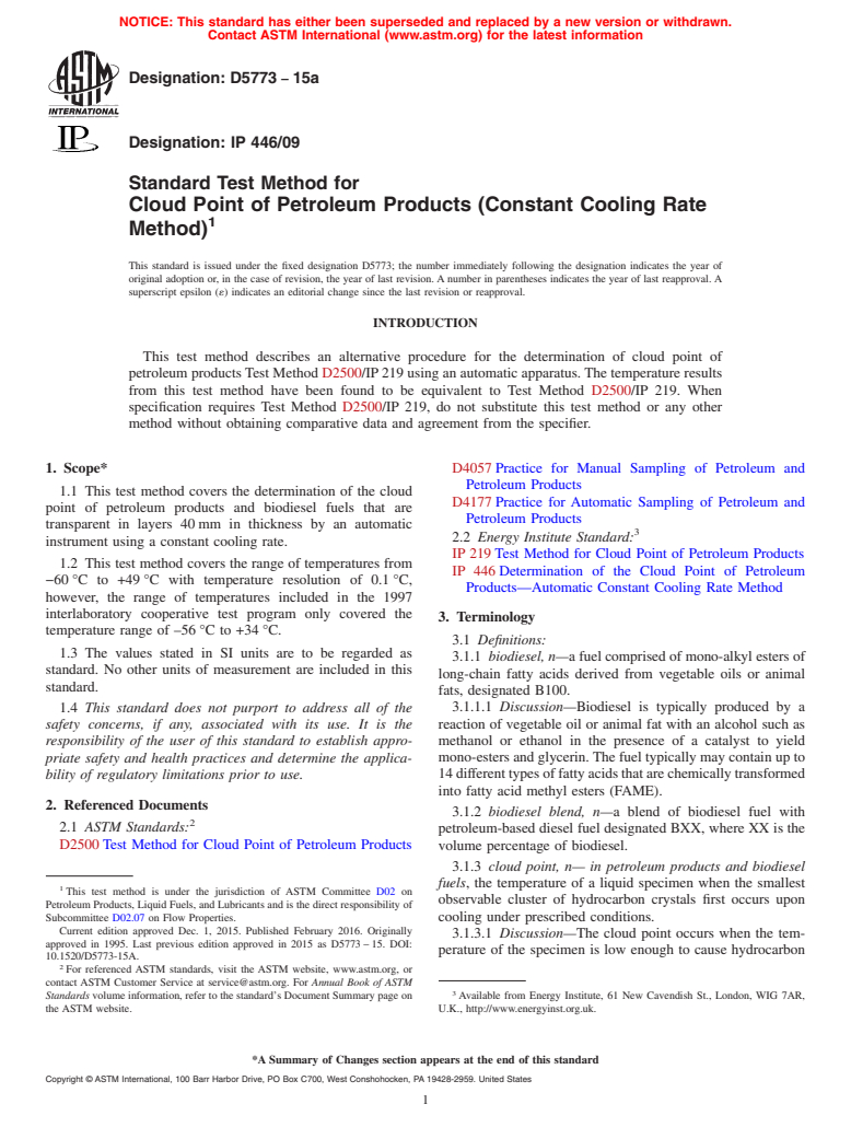 ASTM D5773-15a - Standard Test Method for  Cloud Point of Petroleum Products (Constant Cooling Rate Method)