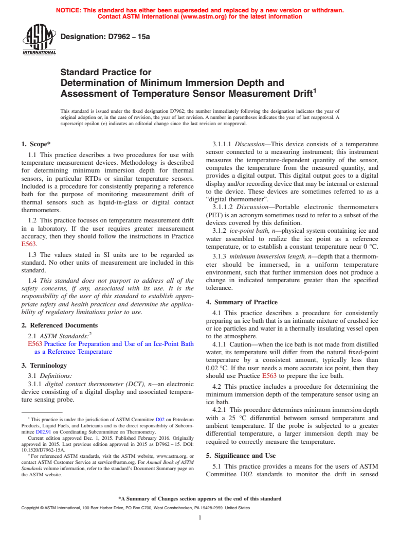 ASTM D7962-15a - Standard Practice for Determination of Minimum Immersion Depth and Assessment of  Temperature Sensor Measurement Drift