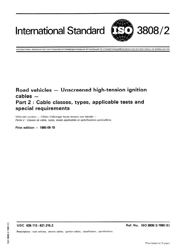 ISO 3808-2:1980 - Road vehicles -- Unscreened high-tension ignition cables