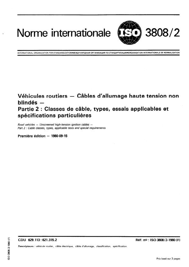 ISO 3808-2:1980 - Véhicules routiers -- Câbles d'allumage haute tension non blindés