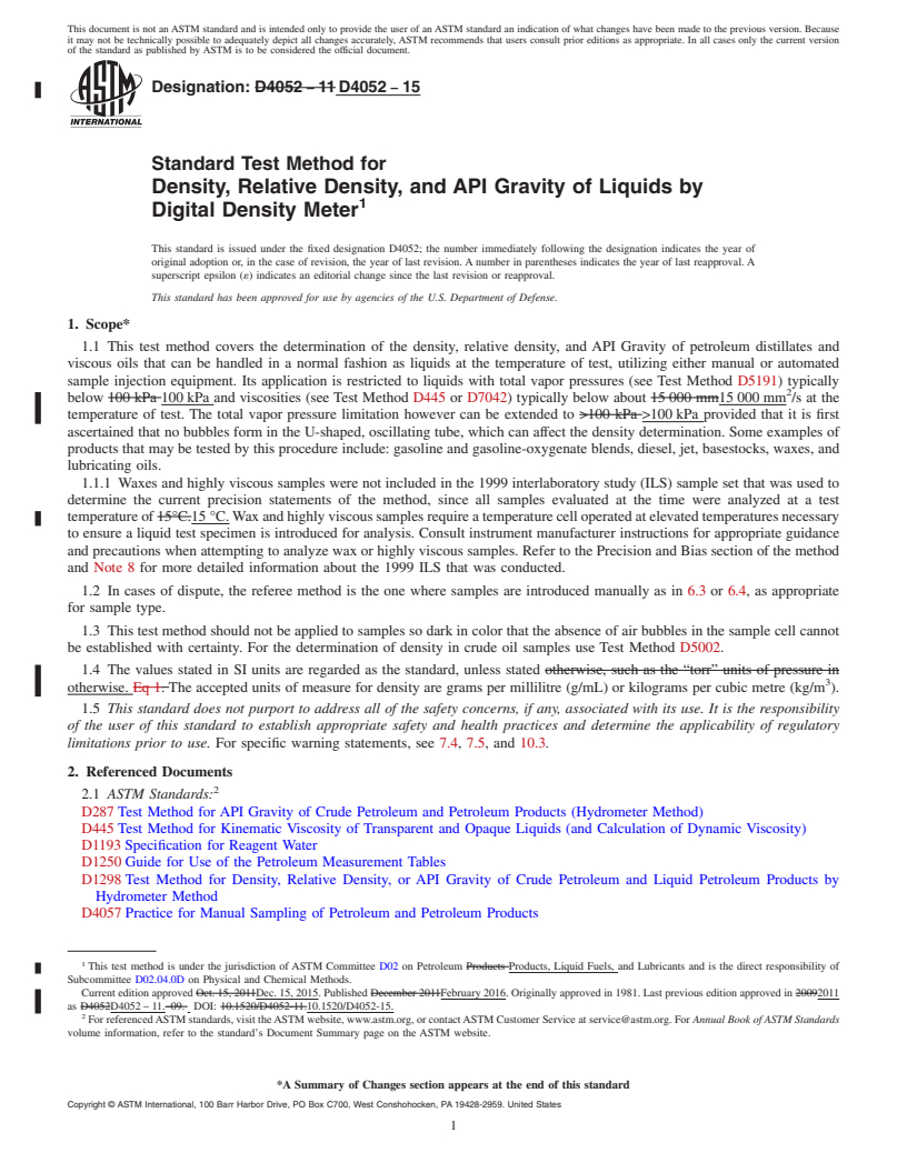 REDLINE ASTM D4052-15 - Standard Test Method for  Density, Relative Density, and API Gravity of Liquids by Digital   Density Meter