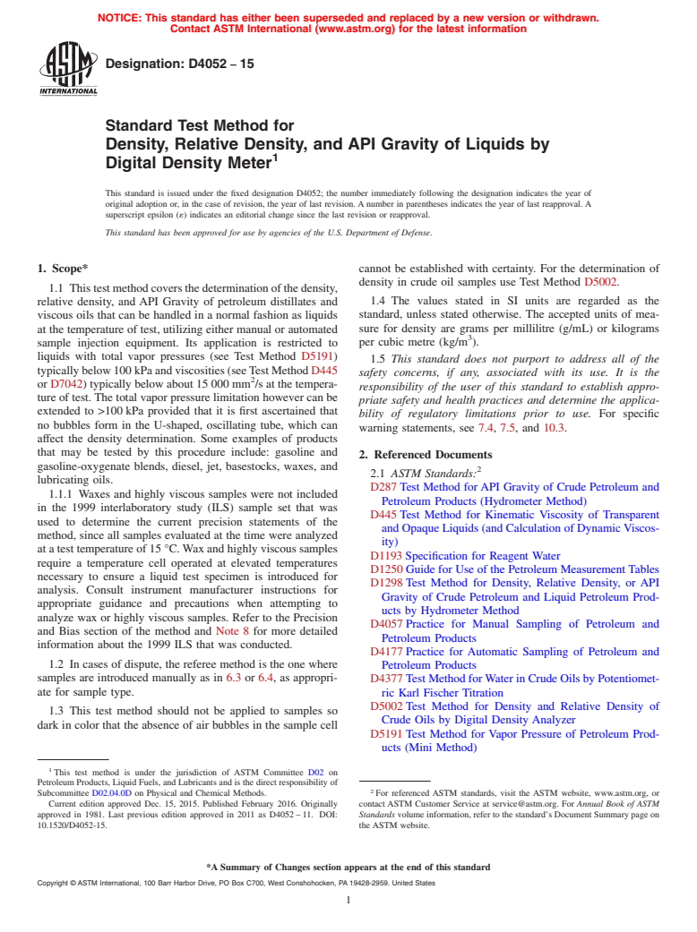 ASTM D4052-15 - Standard Test Method for  Density, Relative Density, and API Gravity of Liquids by Digital   Density Meter