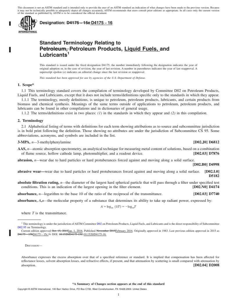 REDLINE ASTM D4175-16 - Standard Terminology Relating to Petroleum Products, Liquid Fuels, and Lubricants