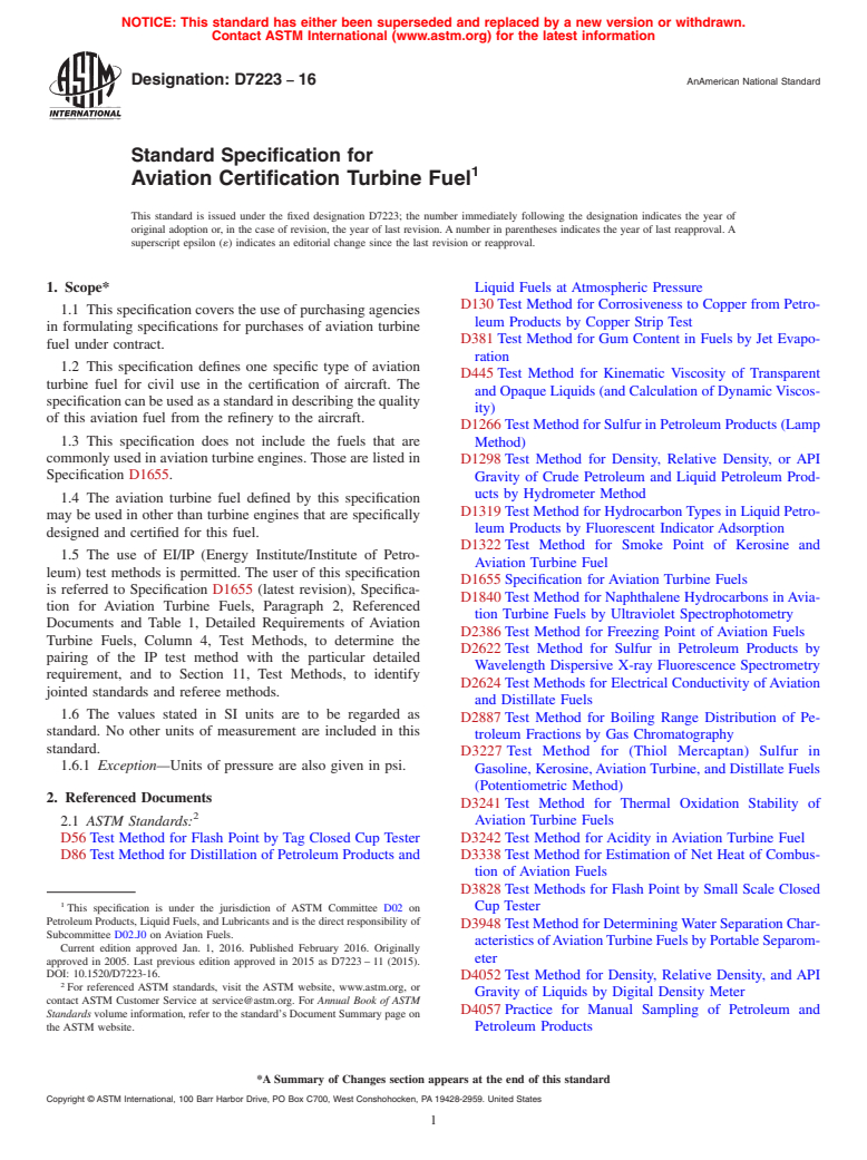ASTM D7223-16 - Standard Specification for  Aviation Certification Turbine Fuel
