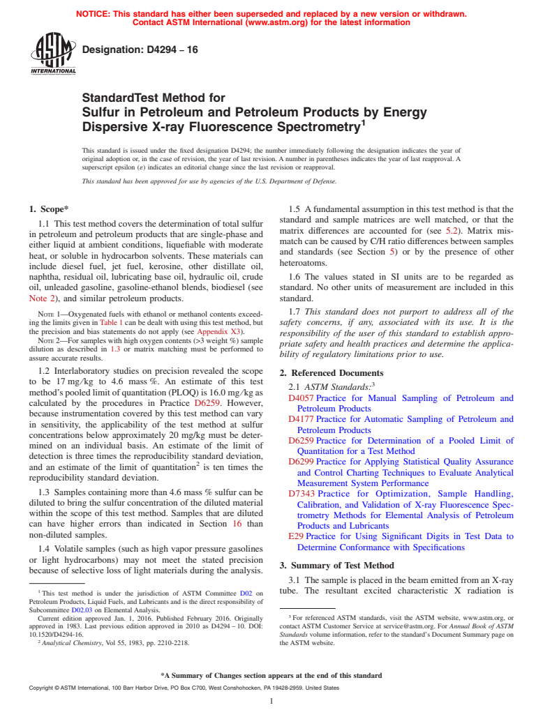 ASTM D4294-16 - Standard Test Method for Sulfur in Petroleum and Petroleum Products by Energy Dispersive   X-ray Fluorescence  Spectrometry