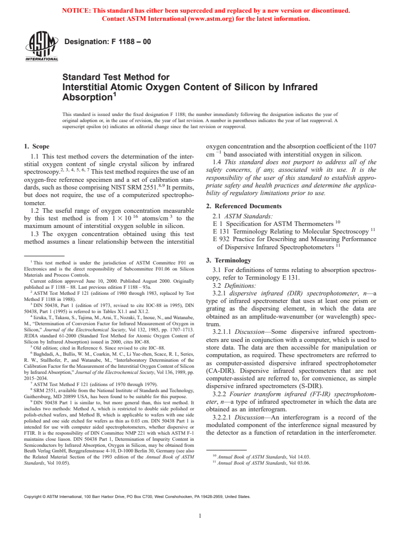 ASTM F1188-00 - Standard Test Method for Interstitial Atomic Oxygen Content of Silicon by Infrared Absorption