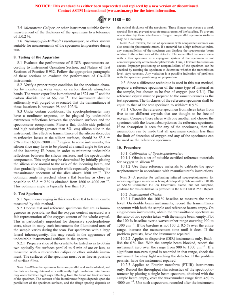 ASTM F1188-00 - Standard Test Method for Interstitial Atomic Oxygen Content of Silicon by Infrared Absorption