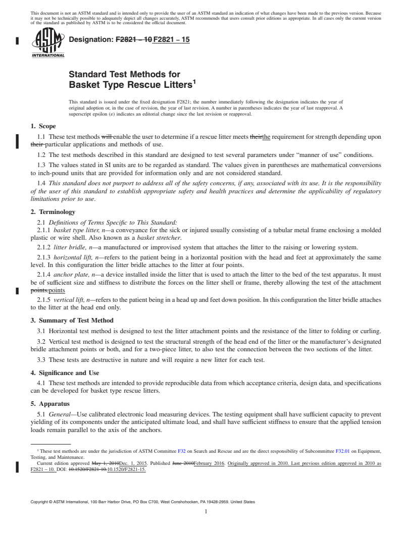 REDLINE ASTM F2821-15 - Standard Test Methods for  Basket Type Rescue Litters