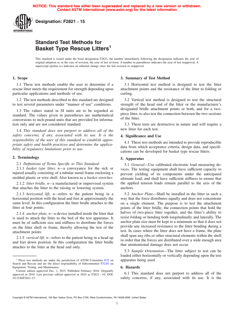 ASTM F2821-15 - Standard Test Methods for  Basket Type Rescue Litters