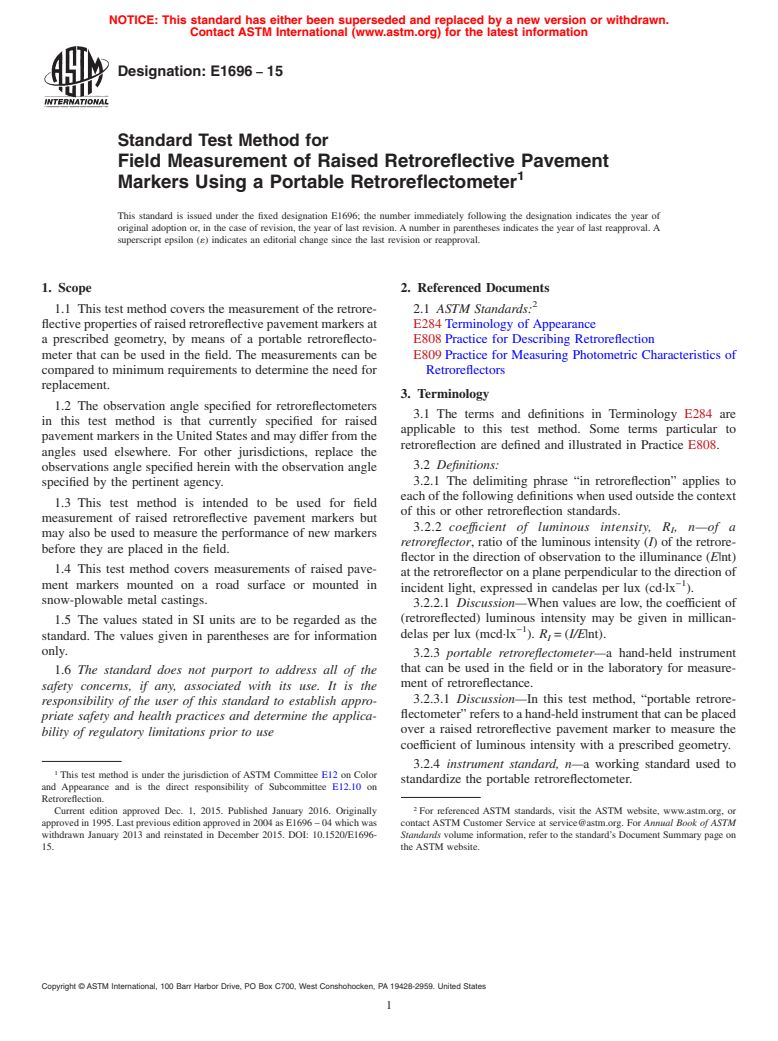 ASTM E1696-15 - Standard Test Method for Field Measurement of Raised Retroreflective Pavement Markers   Using a Portable Retroreflectometer