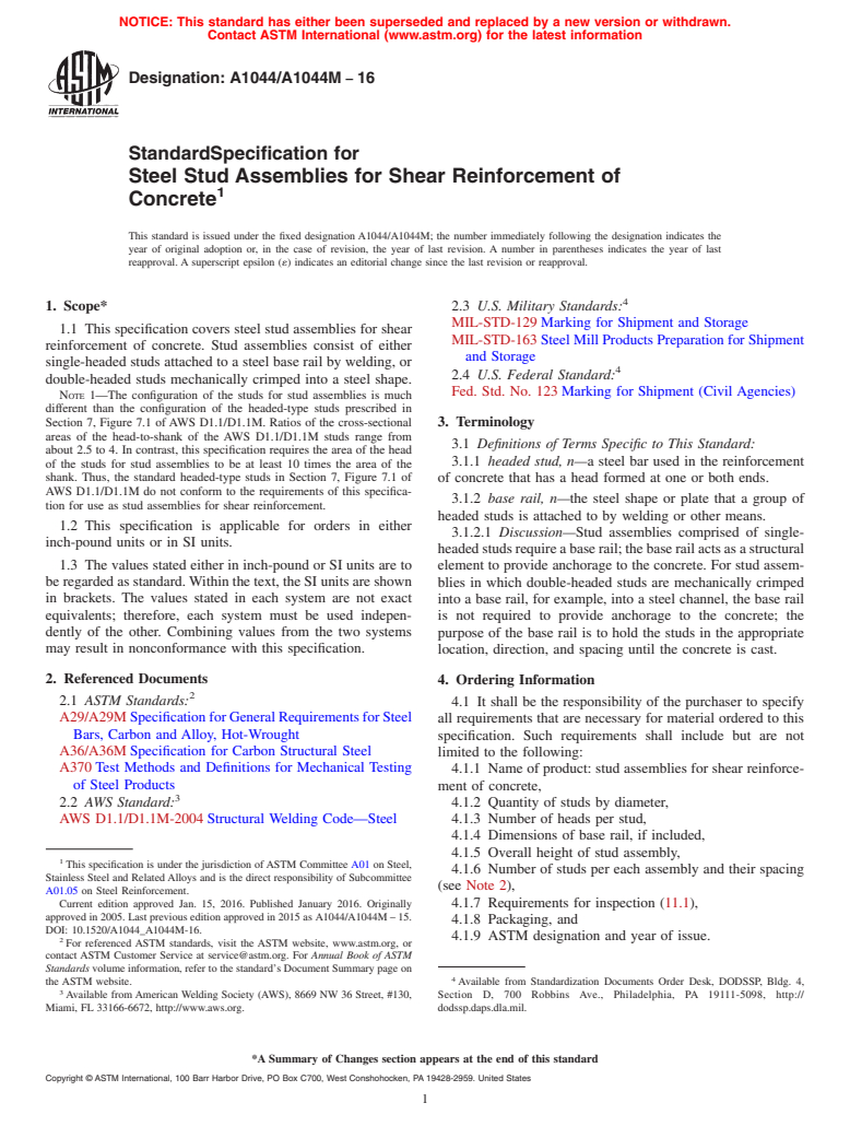 ASTM A1044/A1044M-16 - Standard Specification for  Steel Stud Assemblies for Shear Reinforcement of Concrete