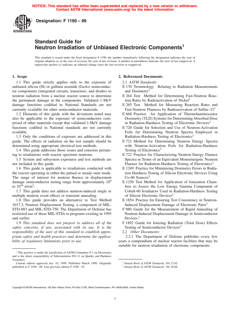 ASTM F1190-99 - Standard Guide for Neutron Irradiation of Unbiased Electronic Components