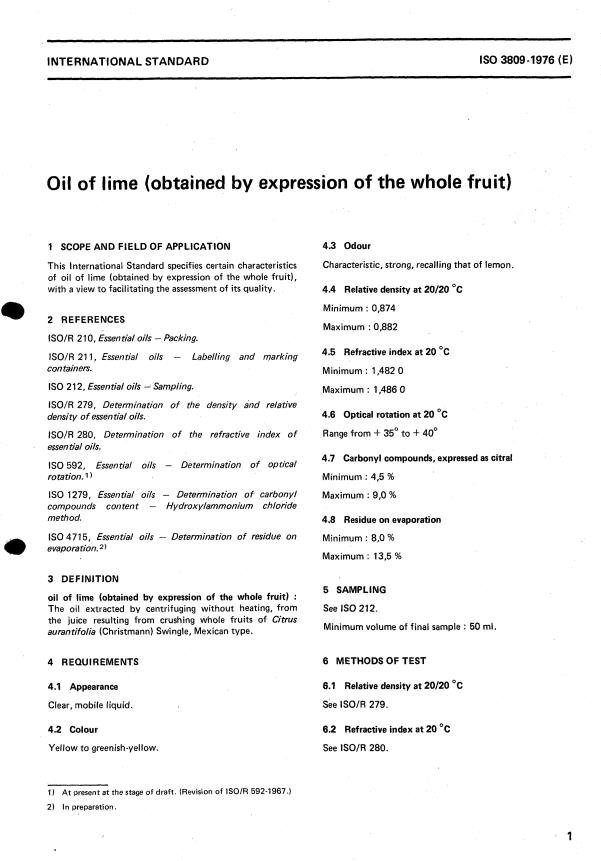 ISO 3809:1976 - Oil of lime (obtained by expression of the whole fruit)