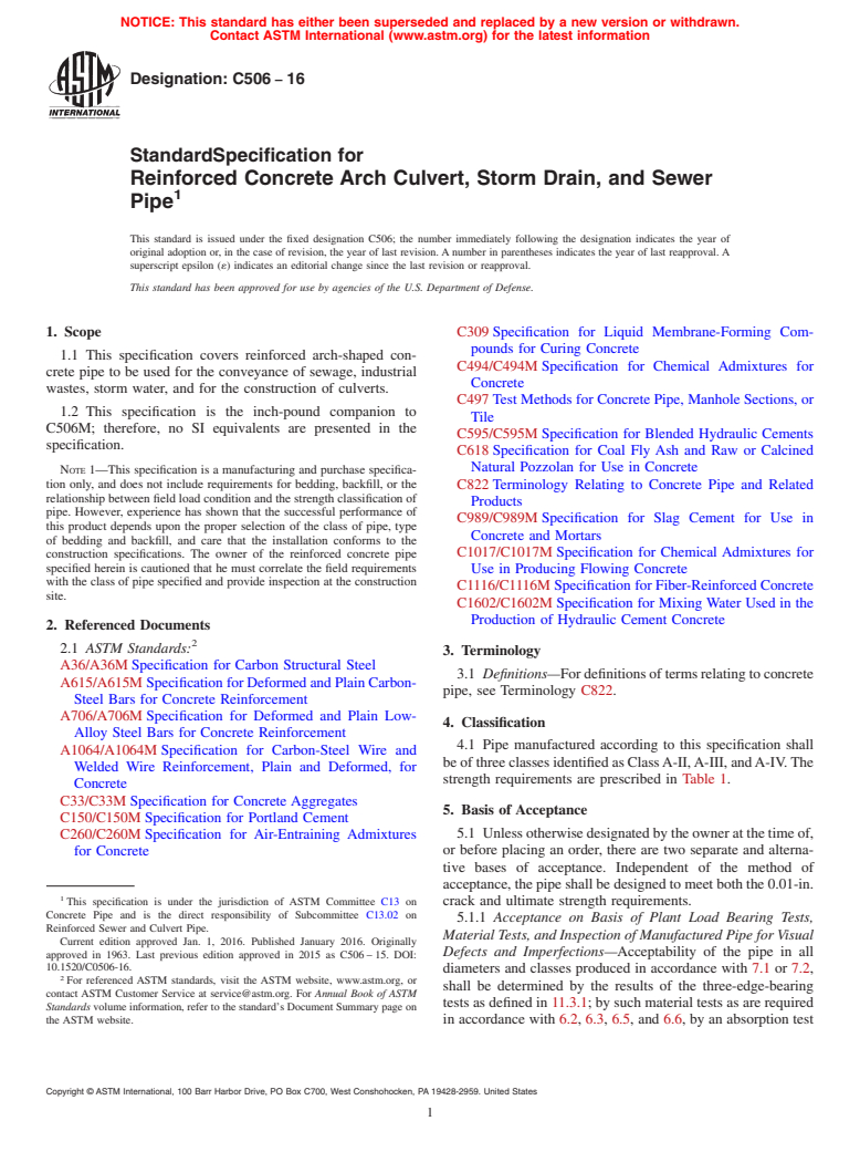 ASTM C506-16 - Standard Specification for  Reinforced Concrete Arch Culvert, Storm Drain, and Sewer Pipe