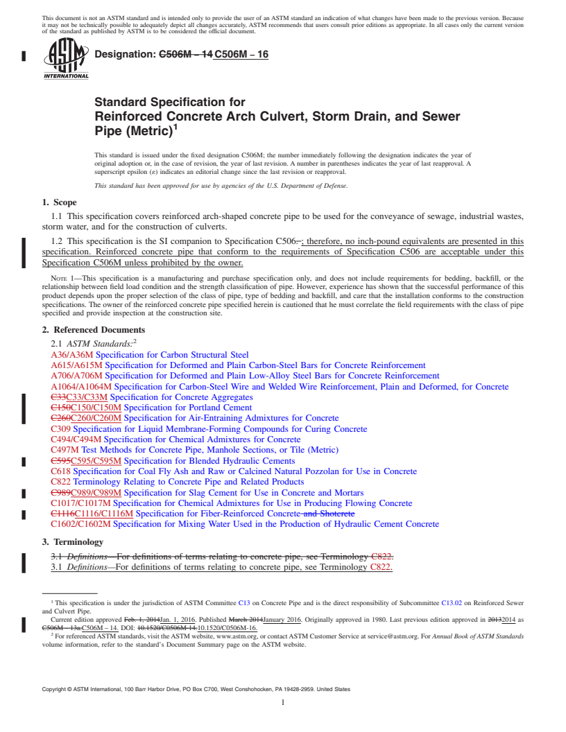 REDLINE ASTM C506M-16 - Standard Specification for Reinforced Concrete Arch Culvert, Storm Drain, and Sewer Pipe  (Metric)