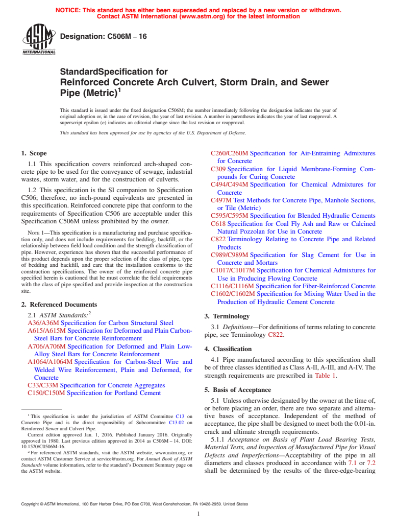 ASTM C506M-16 - Standard Specification for Reinforced Concrete Arch Culvert, Storm Drain, and Sewer Pipe  (Metric)