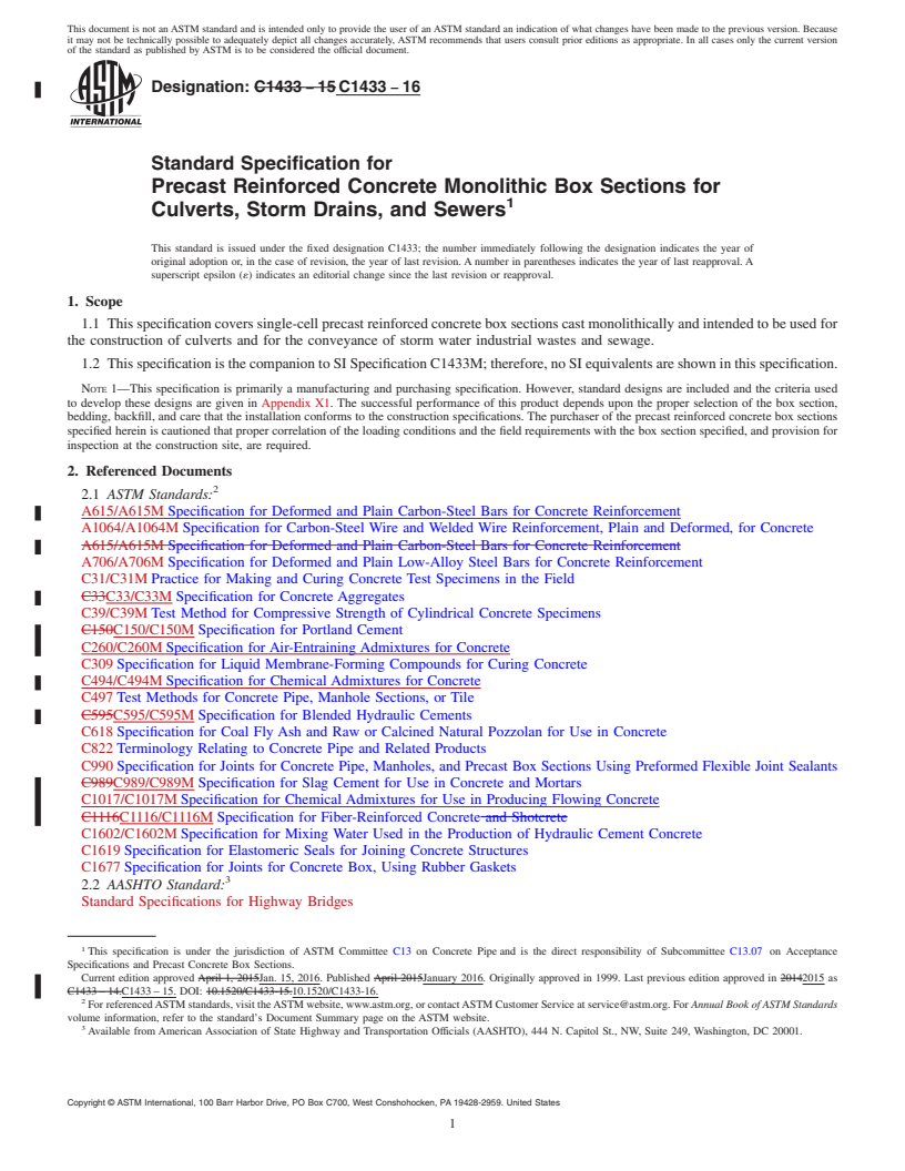 REDLINE ASTM C1433-16 - Standard Specification for  Precast Reinforced Concrete Monolithic Box Sections for Culverts,  Storm Drains, and Sewers