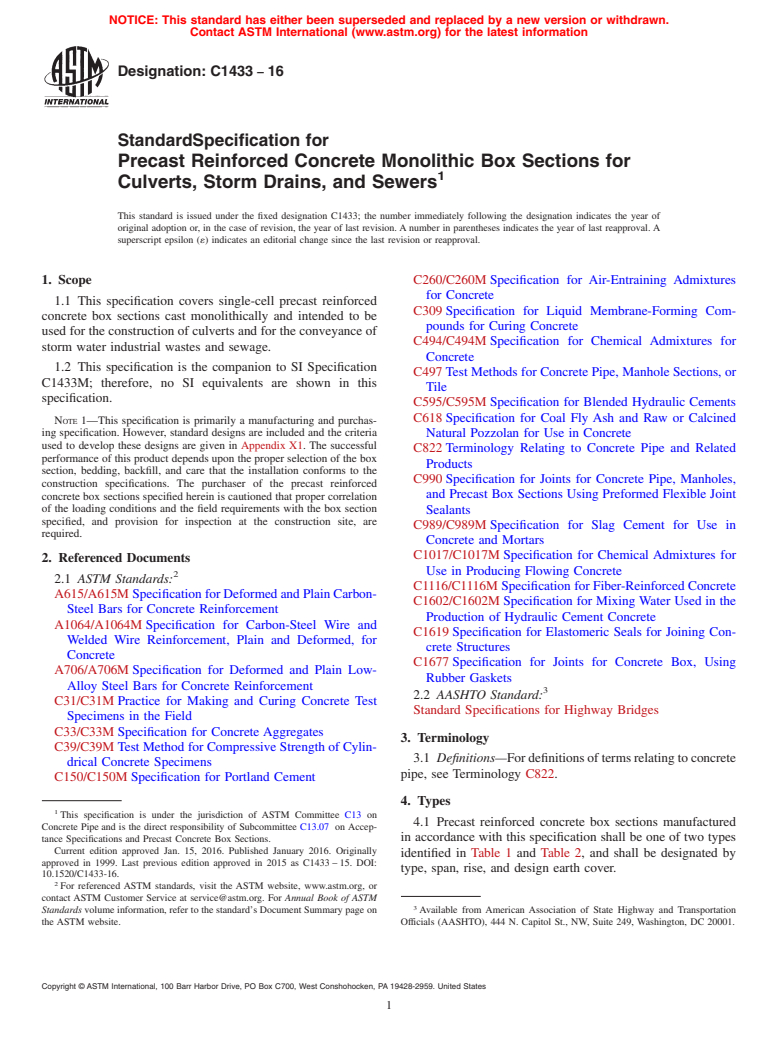 ASTM C1433-16 - Standard Specification for  Precast Reinforced Concrete Monolithic Box Sections for Culverts,  Storm Drains, and Sewers