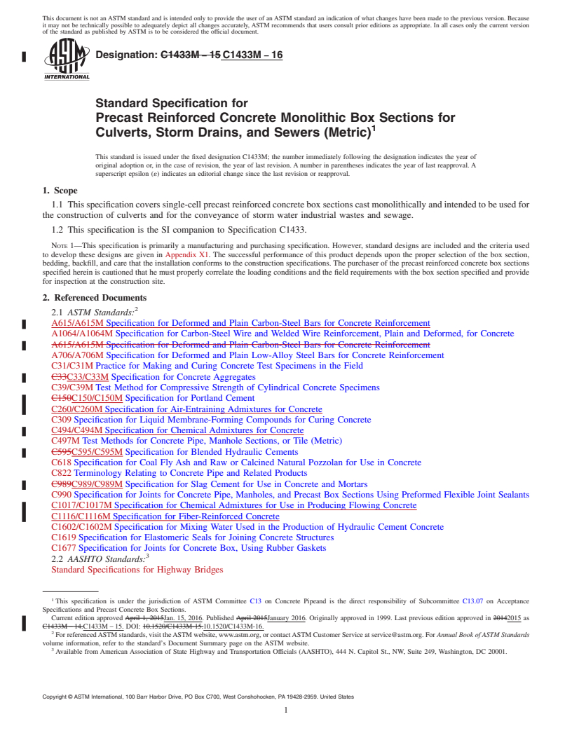 REDLINE ASTM C1433M-16 - Standard Specification for  Precast Reinforced Concrete Monolithic Box Sections for Culverts,  Storm Drains, and Sewers (Metric)