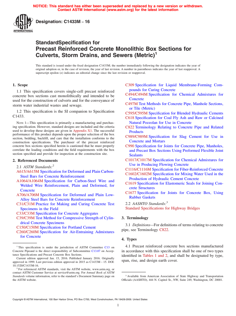 ASTM C1433M-16 - Standard Specification for  Precast Reinforced Concrete Monolithic Box Sections for Culverts,  Storm Drains, and Sewers (Metric)