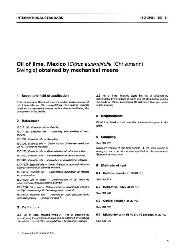 ISO 3809:1987 - Oil of lime, Mexico (Citrus aurantiifolia (Christmann) Swingle) obtained by mechanical means