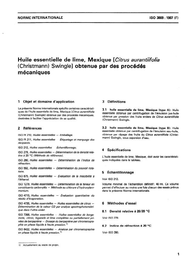 ISO 3809:1987 - Huile essentielle de lime, Mexique (Citrus aurantiifolia (Christmann) Swingle) obtenue par des procédés mécaniques