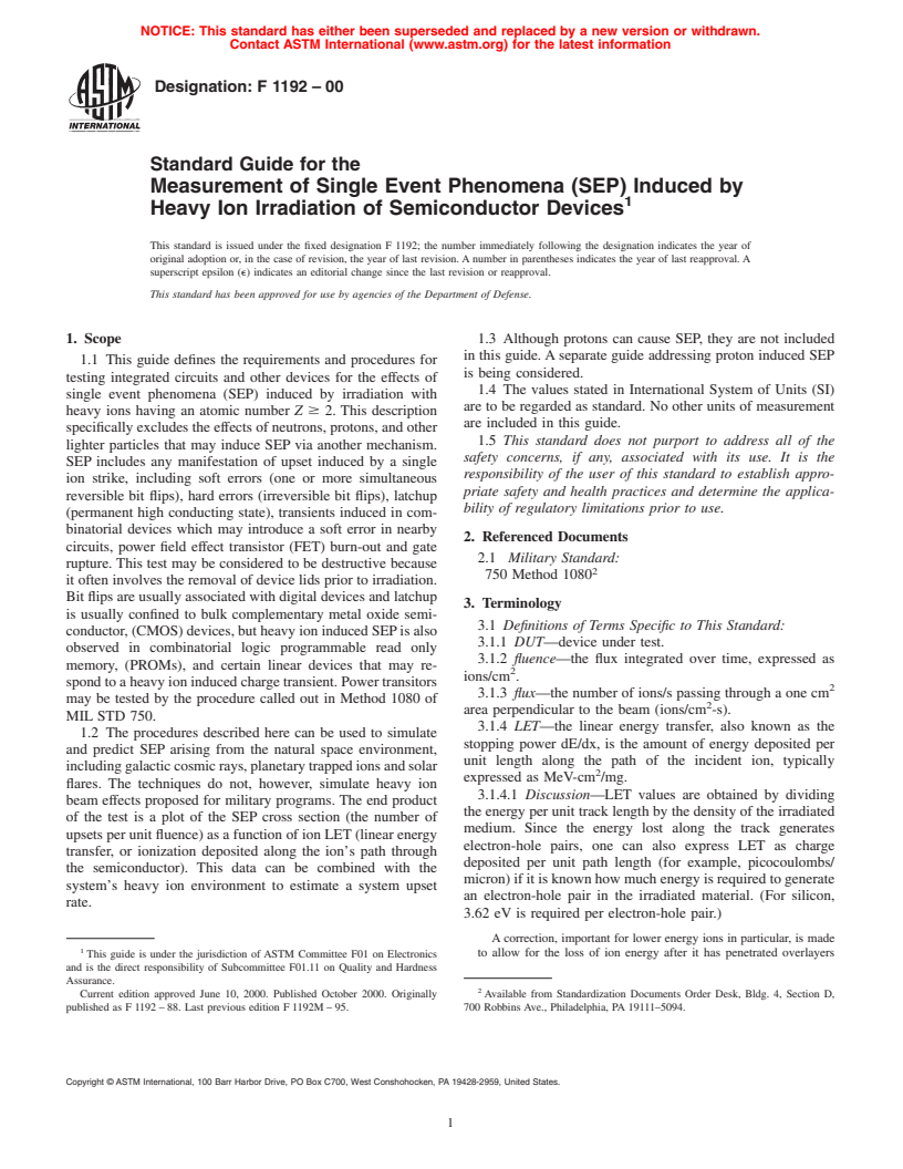 ASTM F1192-00 - Standard Guide for the Measurement of Single Event Phenomena (SEP) Induced by Heavy Ion Irradiation of Semiconductor Devices