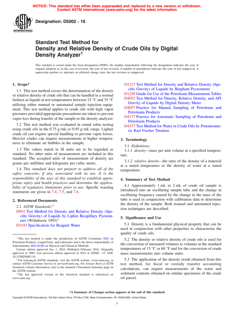 ASTM D5002-16 - Standard Test Method for  Density and Relative Density of Crude Oils by Digital Density   Analyzer