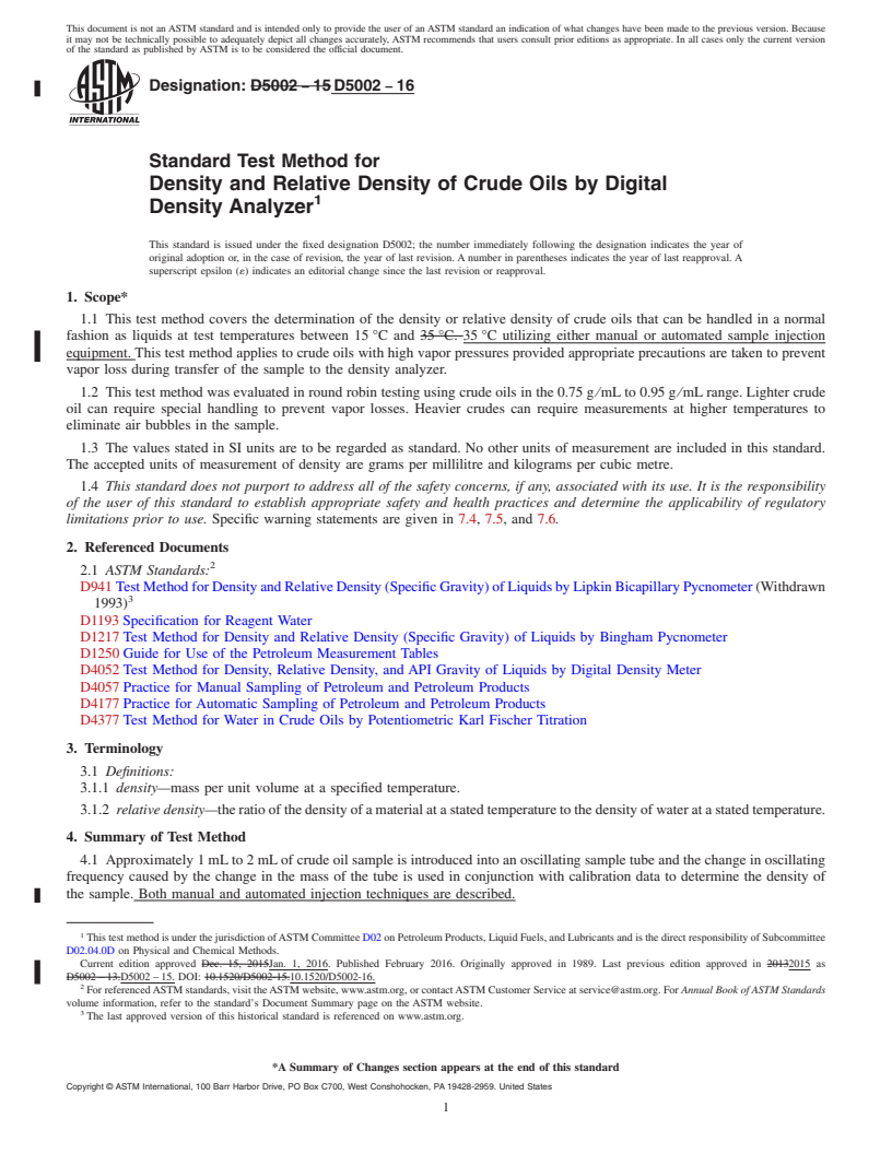 REDLINE ASTM D5002-16 - Standard Test Method for  Density and Relative Density of Crude Oils by Digital Density   Analyzer