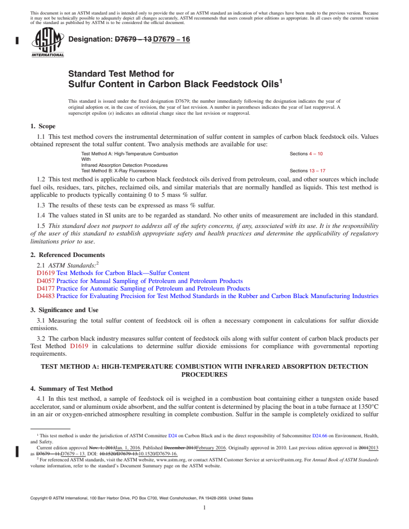 REDLINE ASTM D7679-16 - Standard Test Method for Sulfur Content in Carbon Black Feedstock Oils