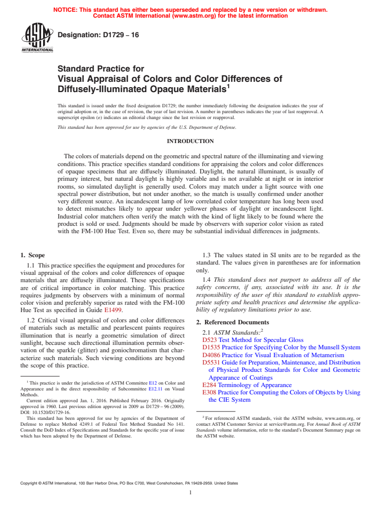 ASTM D1729-16 - Standard Practice for Visual Appraisal of Colors and Color Differences of Diffusely-Illuminated   Opaque Materials