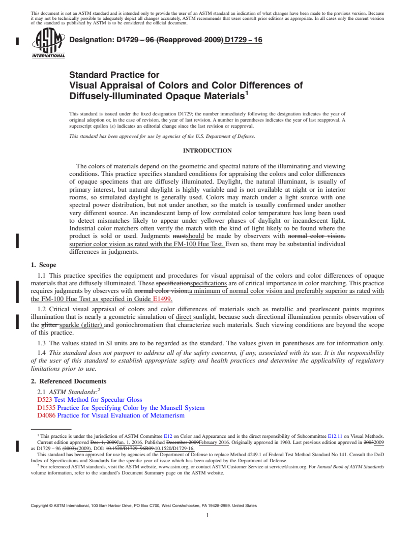 REDLINE ASTM D1729-16 - Standard Practice for Visual Appraisal of Colors and Color Differences of Diffusely-Illuminated   Opaque Materials